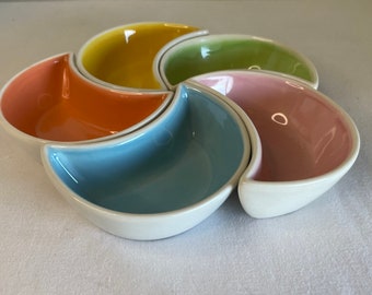 Retro ceramic platter set of 5 moon shape colourful dipping condiment tapas bowls, Flower Shaped dish, Collectable 1960's Kitchenware