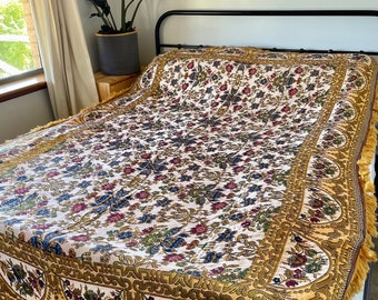 Vintage Mid Century Bedspread, Italian Brocade Floral Jacquard Throw Blanket, Embroidered Tapestry, Tablecloth Gold Fringed Trim, 160x245cm