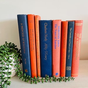Pilha de livros vintage coral e marinho – Pacote de decoração de prateleira retrô ousado