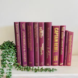 Pilha de livros vintage marrom – decoração de capa dura bordô para prateleiras e estilo