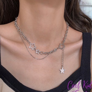 Womens Gothic Punk Y2k Starburst Diamond Silver Necklace - Vintage Grunge Womens Handmade Jewellery