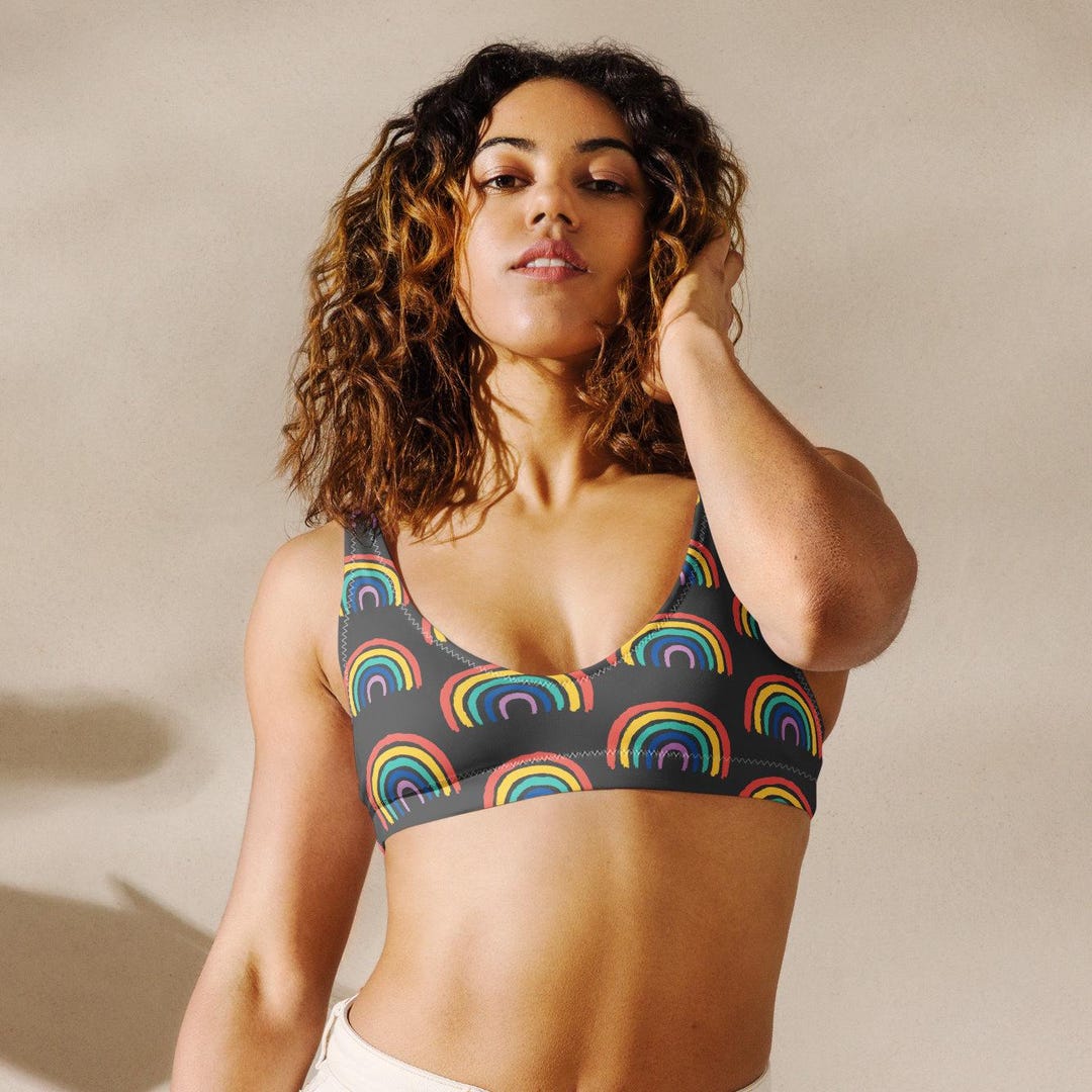 Light blue and dark gray women’s recycled padded bikini top.