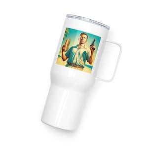 May include: White stainless steel travel mug with a handle. The mug features a colourful image of a man holding a sandwich in one hand and a gun in the other. The background is a beach scene with palm trees.