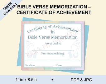 May include: A printable certificate of achievement for memorizing Bible verses. The certificate has a light blue, pink, and green background with a wood grain texture. It features two hands in a praying position. The text reads "Certificate of Achievement in Bible Verse Memorization".