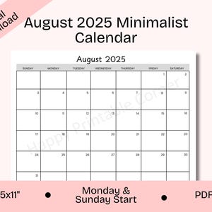 Calendario imprimible de agosto de 2025, calendario de agosto con inicio en domingo y lunes, planificador minimalista de agosto, carta, descarga digital, PDF