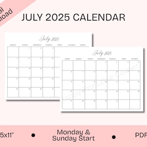 Calendario de julio de 2025 imprimible, calendario de julio con inicio en domingo y lunes, planificador minimalista de julio, carta, descarga digital, PDF