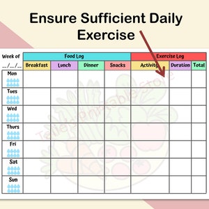 Pu&ograve; includere: Un planner settimanale stampabile con un'intestazione colorata che dice "Assicurarsi un esercizio quotidiano sufficiente". Il planner &egrave; diviso in sezioni per il registro alimentare e il registro dell'esercizio. Le sezioni del registro alimentare includono colazione, pranzo, cena e spuntini. Le sezioni del registro dell'esercizio includono attivit&agrave;, durata e totale. Il planner &egrave; progettato per aiutare le persone a tenere traccia del loro apporto alimentare e dell'esercizio quotidiano.