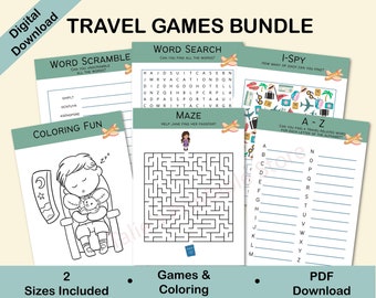 May include: A printable PDF download of a travel games bundle for kids. The bundle includes a word scramble, word search, I-Spy, a maze, and an A-Z activity. There is also a coloring page of a child sleeping on an airplane.