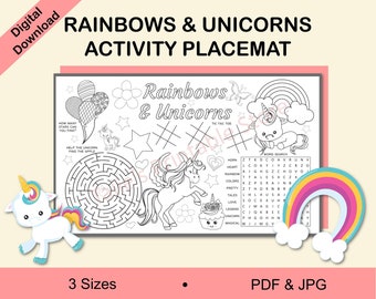 May include: Black and white printable activity placemat featuring a unicorn, rainbow, stars, and a maze. The placemat also includes a word search and tic-tac-toe game.  The text on the placemat reads "Rainbows & Unicorns".