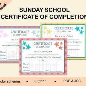 Certificado de finalización de la escuela dominical, premio de la escuela dominical, premio al logro, premios para niños, certificado de la iglesia, estudio bíblico, certificados
