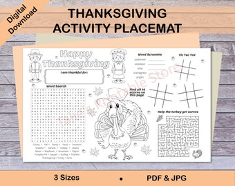 May include: Black and white printable Thanksgiving activity placemat featuring a word search, word scramble, tic-tac-toe game, and a maze. The placemat also includes a pilgrim and a turkey.