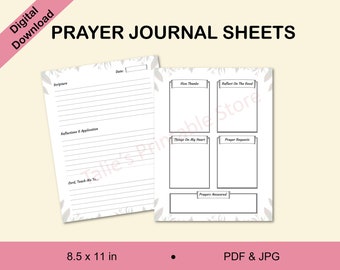 Può includere: Fogli di diario di preghiera stampabili in bianco e nero con un design floreale. I fogli includono sezioni per le Scritture, le riflessioni, il ringraziamento, le cose a cuore, le richieste di preghiera e le preghiere esaudite. I fogli misurano 8,5 x 11 pollici.