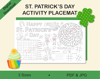 May include: A black and white printable St. Patrick's Day activity placemat with a word search, maze, tic-tac-toe game, and word scramble. The placemat features a leprechaun, shamrocks, and a pot of gold.
