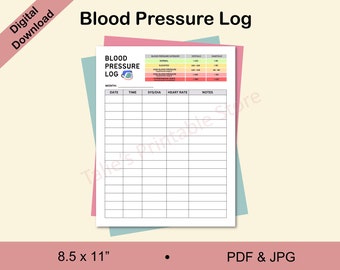 May include: Printable blood pressure log with a chart to track systolic and diastolic blood pressure, heart rate, and notes. The chart is labeled with the month, date, time, and includes a color-coded chart for blood pressure categories.