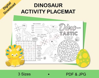 Dinosaur Activity Placemat, Kids Dino Games, Coloring Pages (PDF & JPG)