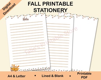 Fall Leaves Printable Stationery Paper, Lined and Unlined (Digital Download)