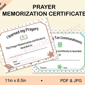 Può includere: Due certificati stampabili di memorizzazione della preghiera. Un certificato recita "Ho imparato le mie preghiere" e l'altro "I miei dieci comandamenti". I certificati misurano 27,9 cm x 21,6 cm e sono disponibili in PDF e JPG.