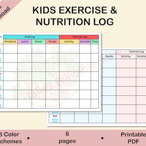 Trainings- en voedingslogboek voor kinderen, voedingsschema, voedingstracker, voedingsdagboek, logboek voor fysieke activiteiten, voedingsdagboek, trainingsrecord
