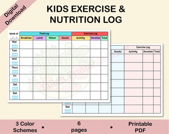 May include: Printable nutrition and exercise log for kids. The log has a colorful design with a food log and an exercise log. The food log includes columns for breakfast, lunch, dinner, and snacks. The exercise log includes columns for activity, duration, and total. The log is designed to help kids track their food intake and exercise habits.