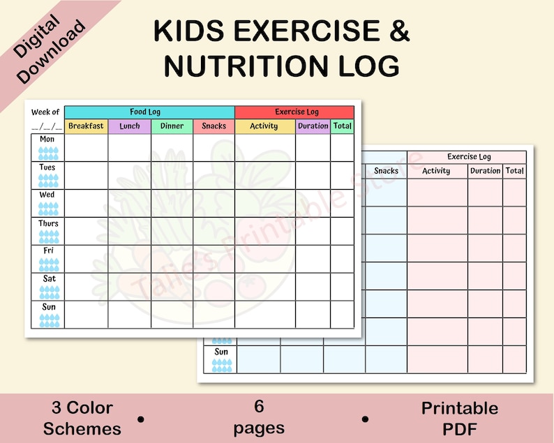 Pu&ograve; includere: Registro di nutrizione ed esercizio stampabile per bambini. Il registro ha un design colorato con un registro alimentare e un registro di esercizio. Il registro alimentare include colonne per la colazione, il pranzo, la cena e gli spuntini. Il registro di esercizio include colonne per l'attivit&agrave;, la durata e il totale. Il registro &egrave; progettato per aiutare i bambini a tenere traccia del loro apporto alimentare e delle loro abitudini di esercizio.