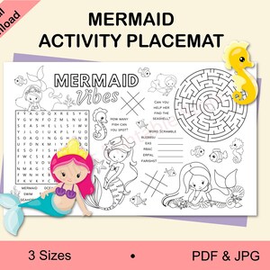 Mantel individual de actividades de sirena, actividades para niños, actividades de sirena, juegos de sirena para niños, páginas para colorear de sirenas, juegos de fiesta, fiesta de sirenas
