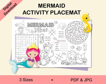 May include: A mermaid-themed activity placemat with a word search, maze, and word scramble. The placemat features mermaid illustrations, the text "Mermaid Vibes," and the words "Digital Download." Available in 3 sizes as a PDF and JPG.