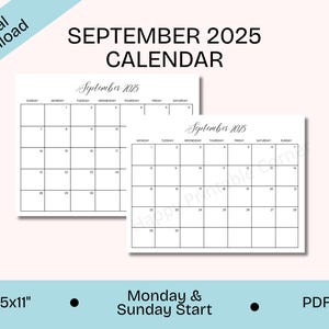 2025 September Calendar Printable, September Calendar Sunday and Monday Start, Minimalist September Planner, Letter, Digital Download, PDF