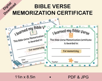 May include: Two printable certificates with a blue and green polka dot background. The certificates are for Bible verse memorization. The text on the certificates reads "I learned my Bible Verse".
