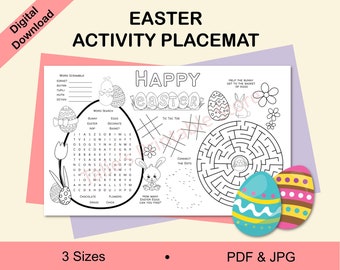 May include: Black and white printable Easter activity placemat with a word search, word scramble, connect the dots, tic-tac-toe, and a maze. The placemat features a bunny rabbit, eggs, flowers, and the words "Happy Easter".