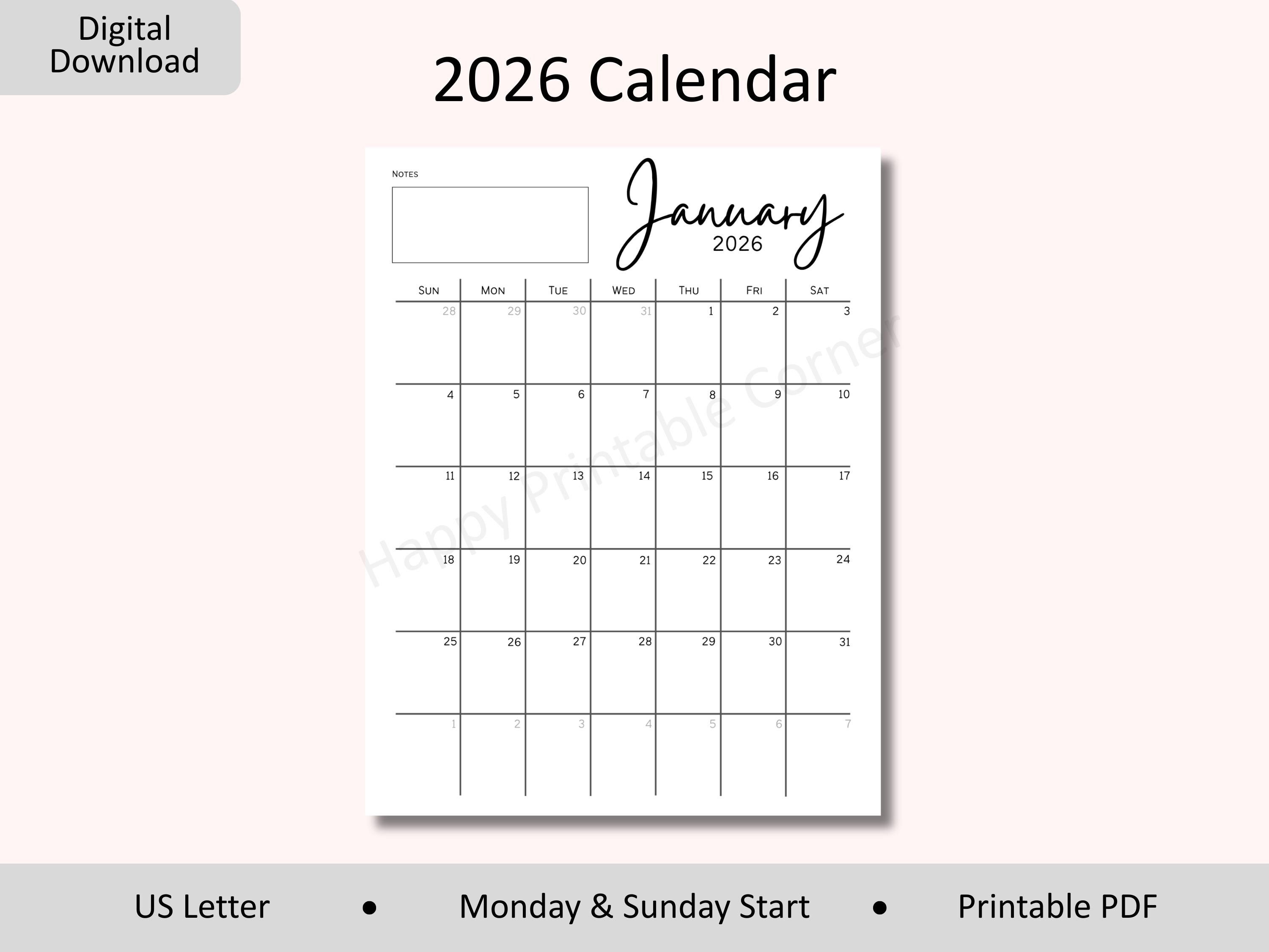 2026 Minimalist Calendar With Notes, US Letter (PDF) - Etsy