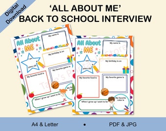 May include: A printable "All About Me" back to school interview worksheet with colorful circles, stars, and a basketball graphic. The worksheet has sections for the child's name, age, birthday, favorite food, favorite game, and what they want to be when they grow up.
