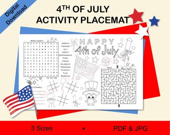 May include: A black and white printable 4th of July activity placemat with a word search, maze, tic-tac-toe game, and a section for coloring. The placemat features a red, white, and blue American flag and the words "Happy 4th of July".