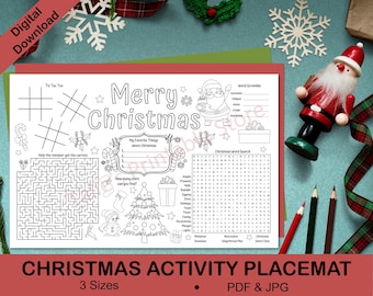 May include: A black and white printable Christmas activity placemat with a variety of games and activities, including a word search, word scramble, tic-tac-toe, and a maze. The placemat features a Christmas tree, Santa Claus, and other festive imagery. The text "Merry Christmas" is at the top of the placemat.