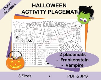 May include: Black and white printable Halloween activity placemat featuring a word search, maze, connect the dots, and tic-tac-toe. The placemat includes the text "Happy Halloween".