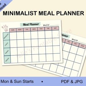 Maaltijdplanner, wekelijkse maaltijdplanner, afdrukbare maaltijdplannersjabloon, minimalistisch maaltijdplan, wekelijkse voedselplanner en organisator,