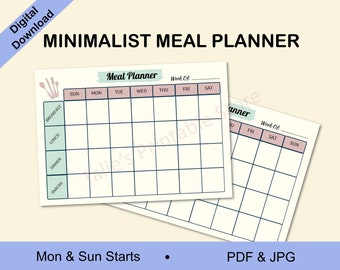 May include: A printable meal planner with two pages. The first page has a pink and green header that says "Meal Planner" and a section for each day of the week. The second page has a similar layout but with a different color scheme.