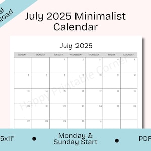 2025 Juli Druckbarer Kalender, Juli Kalender Sonntag und Montag Start, Minimalistischer Juli Planer, Brief, Digitaler Download, PDF