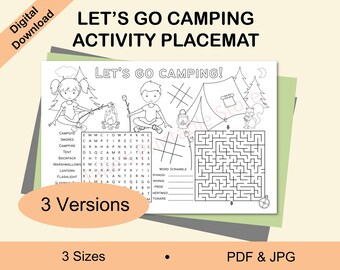 Placemat campingactiviteit, kleurplaten voor kinderen, spelletjes (digitale download)