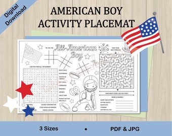 May include: A black and white printable activity placemat featuring an American boy in a football uniform. The placemat includes a word search, tic-tac-toe, maze, and word scramble. The text "All-American Boy" is at the top of the placemat.