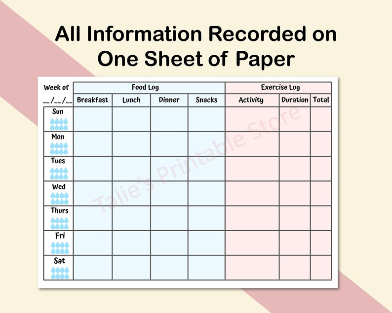 Pu&ograve; includere: Un planner settimanale stampabile con uno schema di colori blu chiaro e rosa. Il planner &egrave; diviso in sezioni per il diario alimentare e il diario dell'esercizio. La sezione del diario alimentare include colonne per la colazione, il pranzo, la cena e gli spuntini. La sezione del diario dell'esercizio include colonne per l'attivit&agrave;, la durata e il totale. Il planner include anche una sezione per la settimana dell'anno.