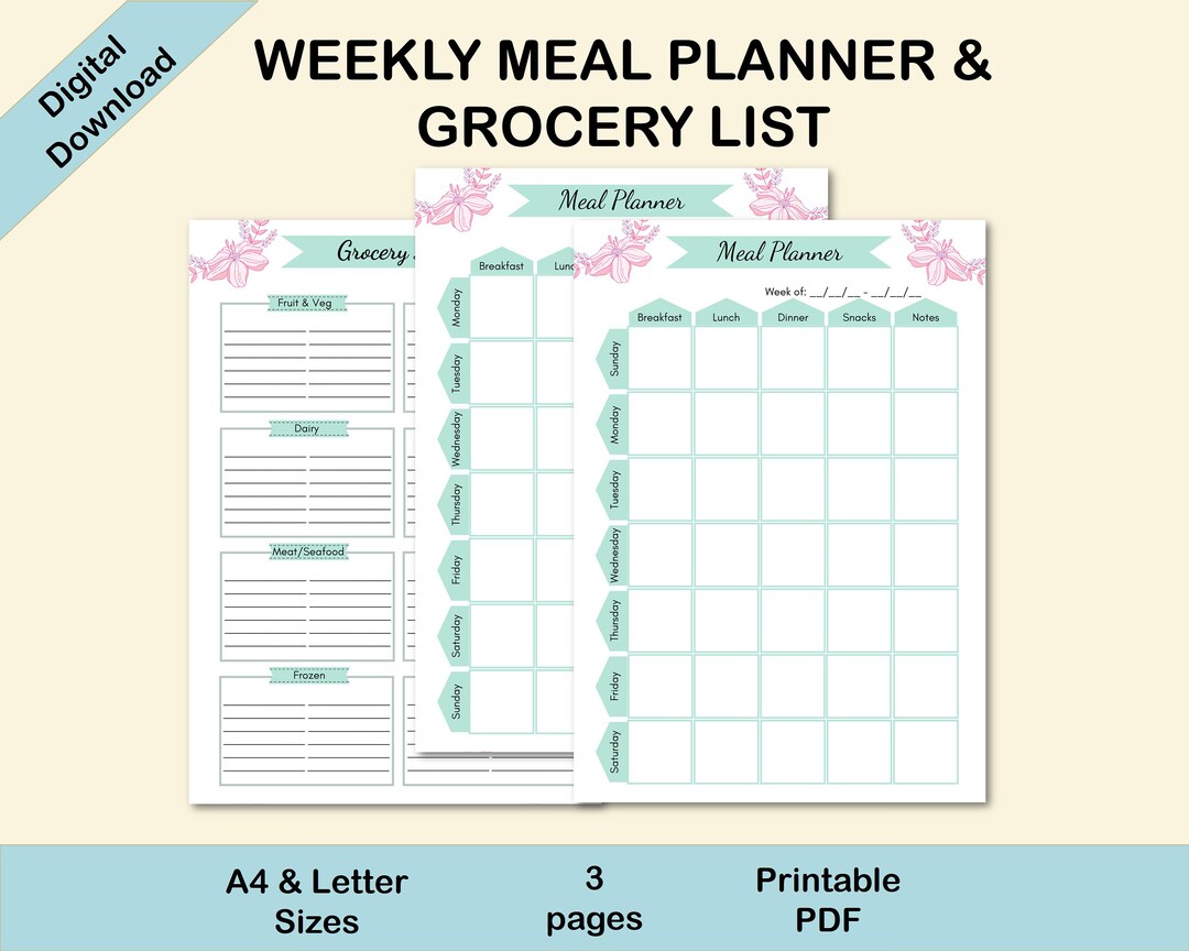 Printable Floral Meal Planner and Grocery List, Weekly Meal Planner ...