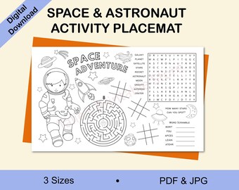 May include: A black and white printable activity placemat featuring an astronaut, a rocket, a maze, a word search, and a word scramble. The placemat includes the words "Space Adventure".