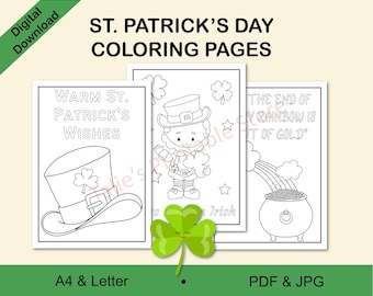 St. Patrick's Day Coloring Pages, Shamrock, Leprechaun (PDF & JPG)
