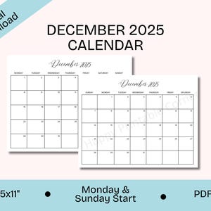 2025 December Calendar Printable, December Calendar Sunday and Monday Start, Minimalist December Planner, Letter, Digital Download, PDF