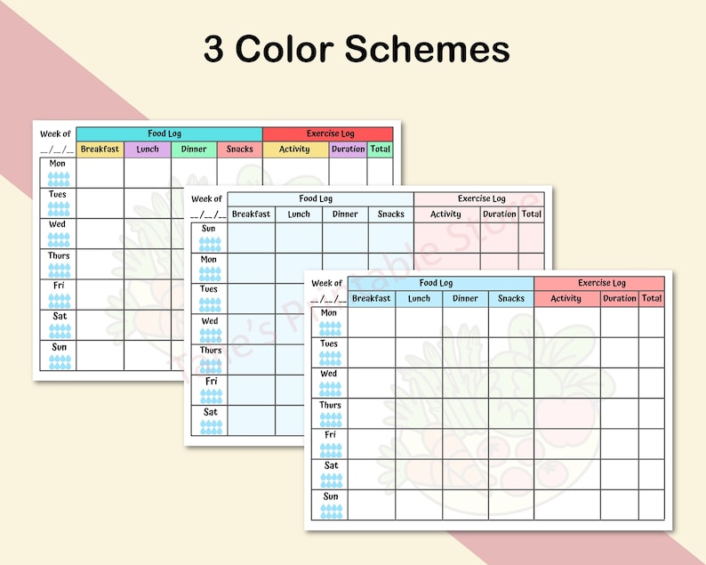 Pu&ograve; includere: Tre modelli di pianificatore settimanale stampabili con diversi schemi di colori. Ogni modello include sezioni per un diario alimentare, un diario di esercizi e attivit&agrave; quotidiane. Le sezioni del diario alimentare sono etichettate con colazione, pranzo, cena e spuntini. Le sezioni del diario di esercizi sono etichettate con attivit&agrave;, durata e totale. I giorni della settimana sono elencati sul lato sinistro di ogni modello.