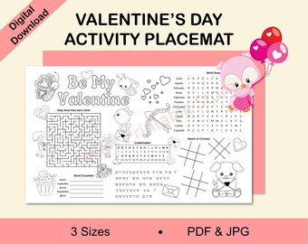 Valentine's Day Activity Placemat, Kids Coloring Games (PDF & JPG)