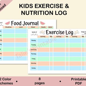 Può includere: Fogli di registro stampabili in PDF per bambini per tenere traccia del loro cibo ed esercizio fisico. I fogli sono codificati a colori con rosa, blu e verde. Il diario alimentare ha colonne per la colazione, il pranzo, la cena, gli spuntini e l'acqua. Il diario di esercizi ha colonne per l'attività, i minuti e il totale dei minuti. Il titolo del registro è "Kids Exercise & Nutrition Log".