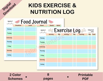 May include: Printable PDF log sheets for kids to track their food and exercise. The sheets are color-coded with pink, blue, and green. The food journal has columns for breakfast, lunch, dinner, snacks, and water. The exercise log has columns for activity, minutes, and total minutes. The title of the log is "Kids Exercise & Nutrition Log".
