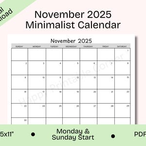 2025 November Calendar Printable, November Calendar Sunday and Monday Start, Minimalist November Planner, Letter, Digital Download, PDF