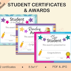 School Classroom Certificates, Certificate Set, Printable School Award Set, Student Certificates, Student of the Week, Student of the Month